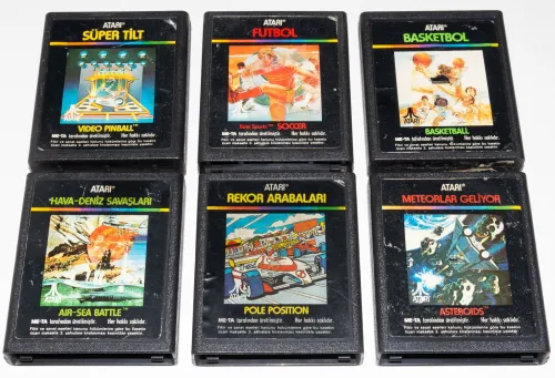 Six cartridges for the Atari 2600 manufactured by ME-TA for sale in Turkey