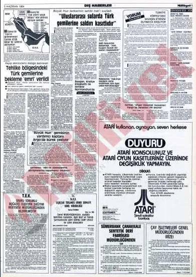A small preview image showing the full 5 June 1984 "Milliyet" newspaper page where a warning from Atari / ME-TA was printed, warning consumers not to tamper with their region-locked products.