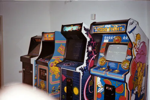 Super Missile Attack conversion of Missile Command, Ms. Pac-Man, Quantum, and Food Fight arcade cabinets at GCC. Photo from former GCC employee Steve Szymanski&rsquo;s archive.
