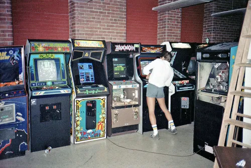 Arcade cabinets in the GCC &ldquo;research lab&rdquo;. Moon Patrol is at right. Photo from former GCC employee Steve Szymanski&rsquo;s archive.
