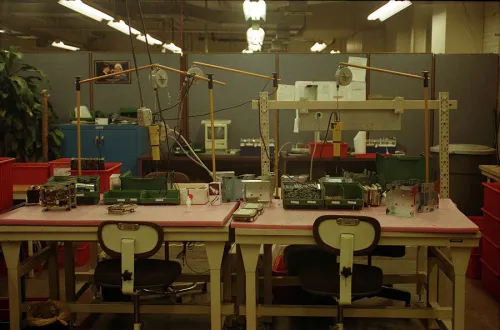A hardware assembly station at GCC. Photo from former GCC employee Steve Szymanski&rsquo;s archive.